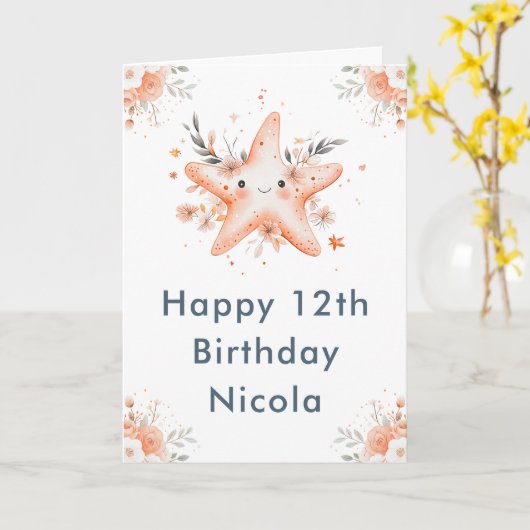 Cute Floral Starfish Birthday Party カード (黄色い花)