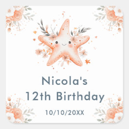 Cute Floral Starfish Birthday Party スクエアシール