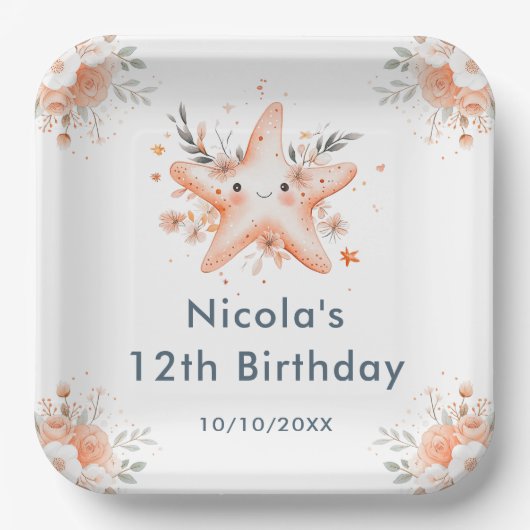 Cute Floral Starfish Birthday Party ペーパープレート (正面)