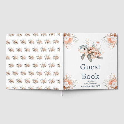 Cute Floral Turtle Baby Shower ゲストブック (全面)