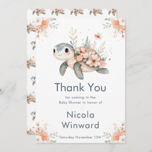 Cute Floral Turtle Baby Shower サンキューカード (正面/裏面)