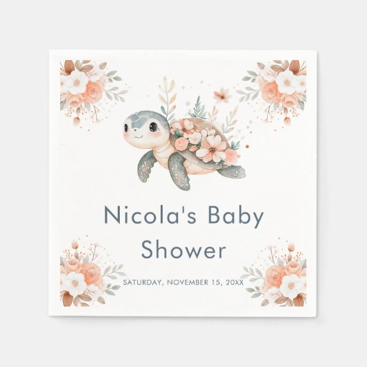 Cute Floral Turtle Baby Shower スタンダードカクテルナプキン (正面)