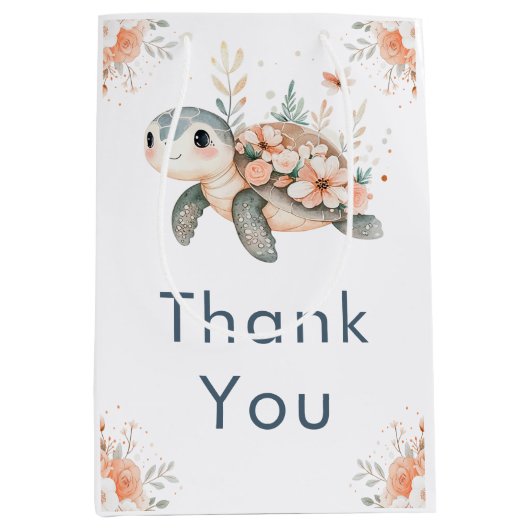 Cute Floral Turtle Baby Shower ミディアムペーパーバッグ (正面)