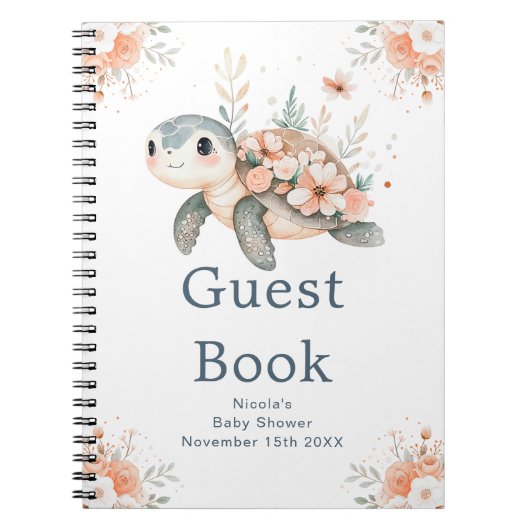 Cute Floral Turtle Baby Shower Guest Book ノートブック (正面)