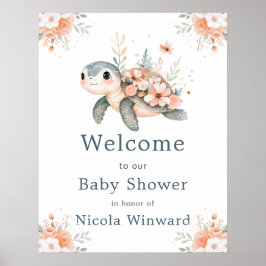 Cute Floral Turtle Baby Shower Welcome ポスター