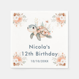 Cute Floral Turtle Birthday Party スタンダードカクテルナプキン
