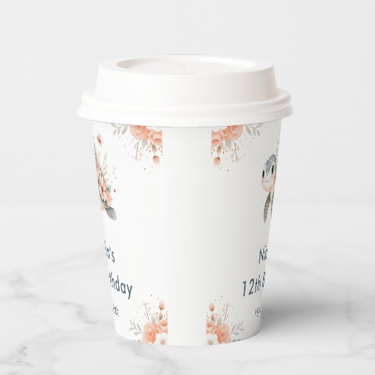 Cute Floral Turtle Birthday Party 紙コップ (左)