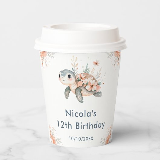 Cute Floral Turtle Birthday Party 紙コップ (裏面)
