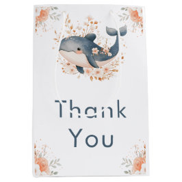 Cute Floral Whale Baby Shower  ミディアムペーパーバッグ