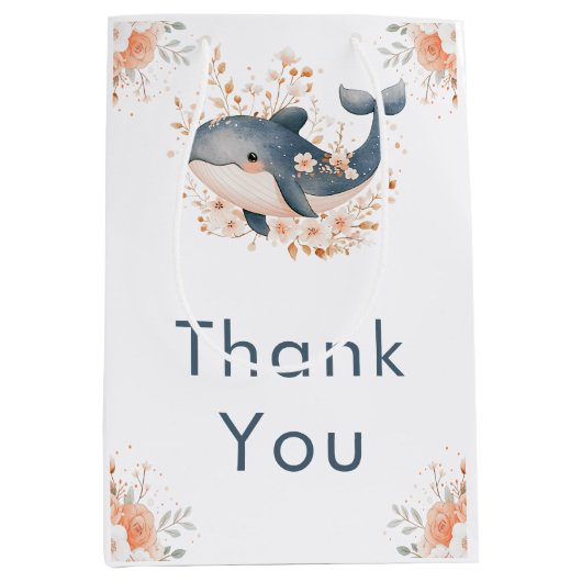 Cute Floral Whale Baby Shower  ミディアムペーパーバッグ (正面)