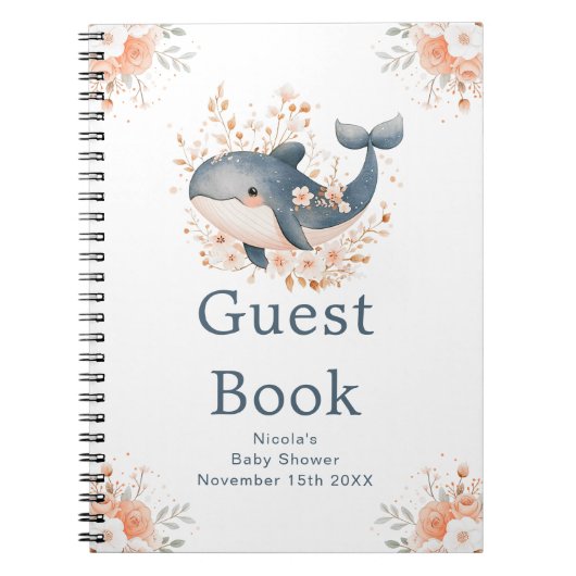 Cute Floral Whale Baby Shower Guest Book ノートブック (正面)