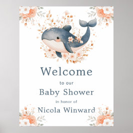 Cute Floral Whale Baby Shower  Welcome ポスター
