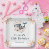 Cute Floral Whale Birthday Party ペーパープレート (パーティー)