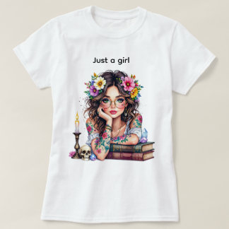 Cute flower book candle girl with glasses tシャツ