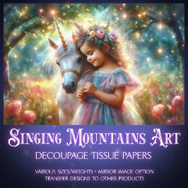 Cute Flower Girl and Unicorn In Forest Decoupage  薄葉紙