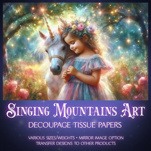 Cute Flower Girl and Unicorn In Forest Decoupage  薄葉紙