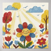 Cute Flower In The Sun Crayon Drawing Kid ポスター (正面)
