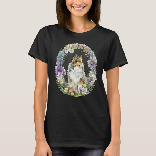Cute Flower Sheltie summer Floral Shetland Sheepdo Tシャツ (正面)
