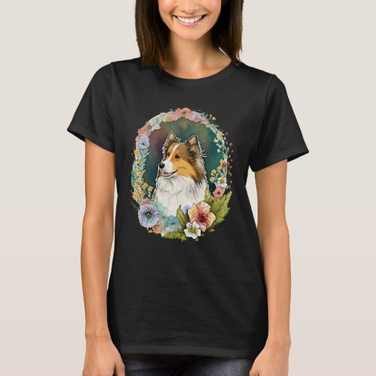 Cute Flower Sheltie summer Floral Shetland Sheepdo Tシャツ (正面)