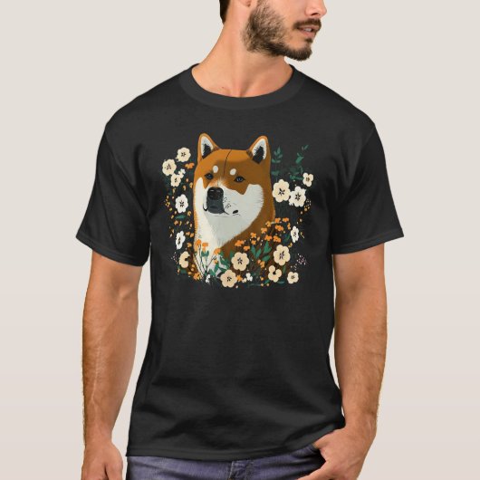 Cute Flower summer Floral Akita Inu Tシャツ (正面)
