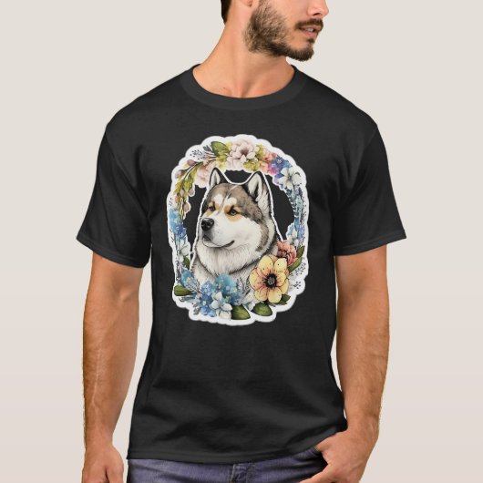 Cute Flower summer Floral Alaskan Malamute 1 Tシャツ (正面)
