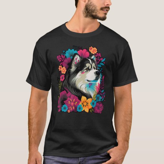 Cute Flower summer Floral Alaskan Malamute Tシャツ (正面)