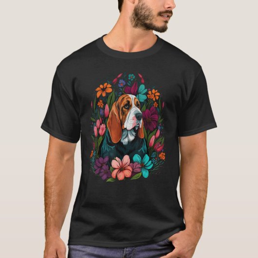 Cute Flower summer Floral Basset Hound 1 Tシャツ (正面)