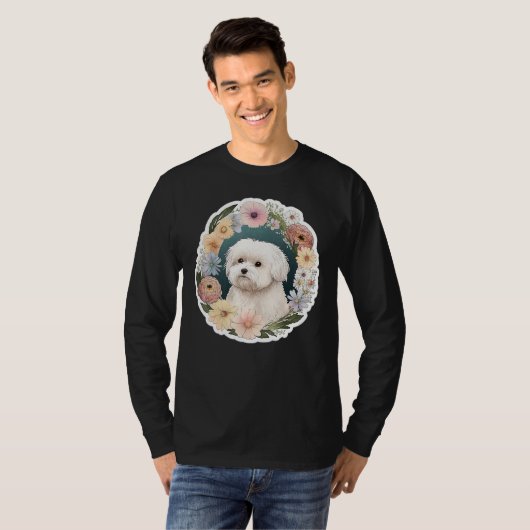Cute Flower summer Floral Maltese dog Tシャツ (正面フル)