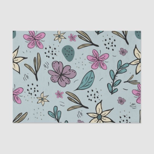 Cute Flowers and Leaves illustrated Pattern Blue 薄葉紙 (正面)