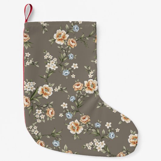 cute flowers with leaves pattern on grey backgroun スモールクリスマスストッキング (正面)
