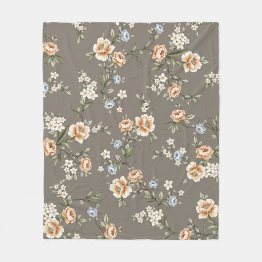 cute flowers with leaves pattern on grey backgroun フリースブランケット (正面)