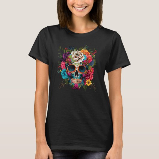 Cute Flowery Sugar Skull for the Day of the Dead Tシャツ (正面)