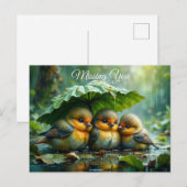 Cute fluffy birds in rain *Missing You* ポストカード (正面/裏面)