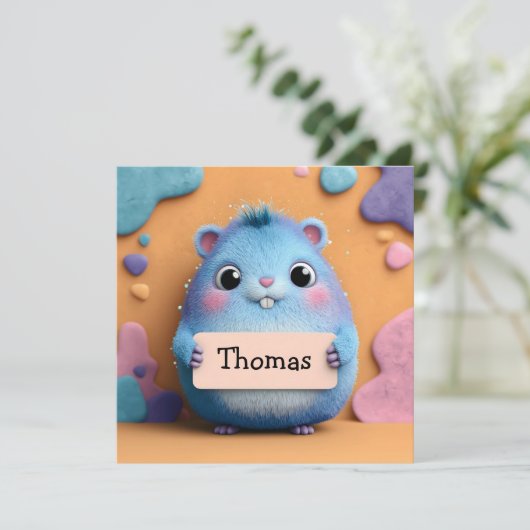 Cute Fluffy Blue Hamster Holding a Sign with Name (スタンド正面)