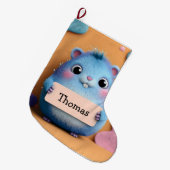 Cute Fluffy Blue Hamster Holding a Sign with Name ラージクリスマスストッキング (正面 (吊り時))