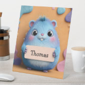Cute Fluffy Blue Hamster Holding a Sign with Name 台座サイン (インサイチュ)