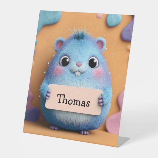 Cute Fluffy Blue Hamster Holding a Sign with Name 台座サイン (正面)