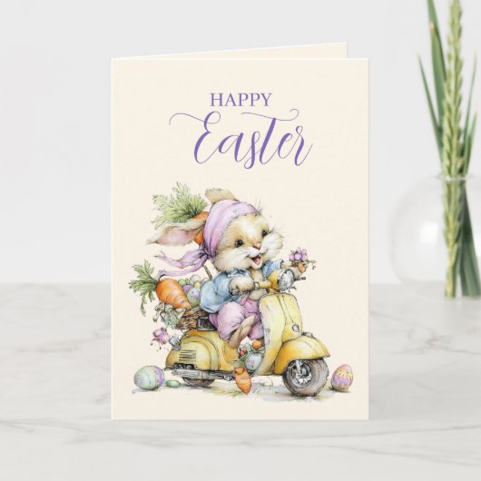 Cute Fluffy Bunny in a Scooter Happy Easter Card シーズンカード (正面)