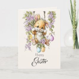 Cute Fluffy Bunny Watercolor Easter Card Pink Ears シーズンカード