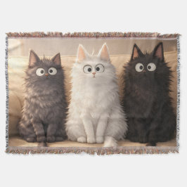 Cute Fluffy Cartoon Cats Gray White & Black  スローブランケット