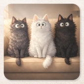 Cute Fluffy Cartoon Cats Whimsical Drink  スクエアペーパーコースター (正面)