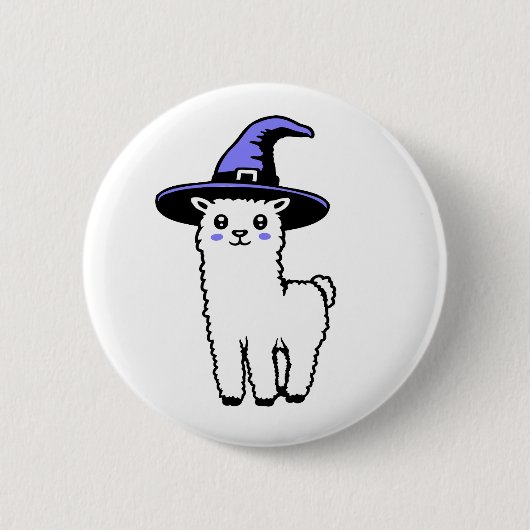 Cute Fluffy Halloween Llama Wearing Purple Witch 缶バッジ (正面)