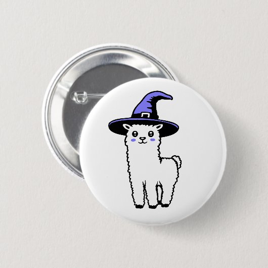 Cute Fluffy Halloween Llama Wearing Purple Witch 缶バッジ (正面&裏面)