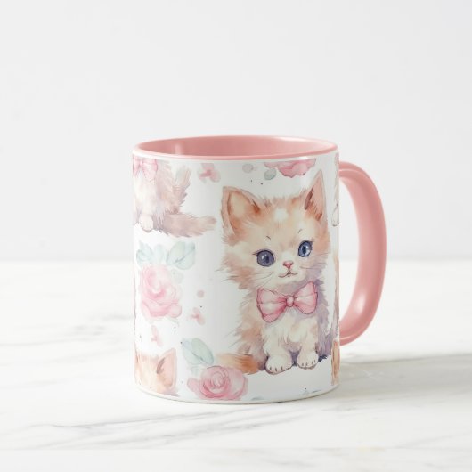 Cute Fluffy Kittens with Pink Roses マグカップ (正面右)