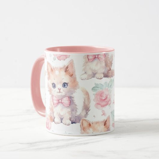 Cute Fluffy Kittens with Pink Roses マグカップ (正面左)