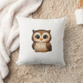 Cute Fluffy Owl Big Eyes Cartoon Digital Art Brown クッション (ブランケット)