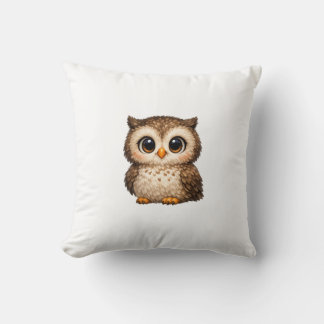 Cute Fluffy Owl Big Eyes Cartoon Digital Art Brown クッション