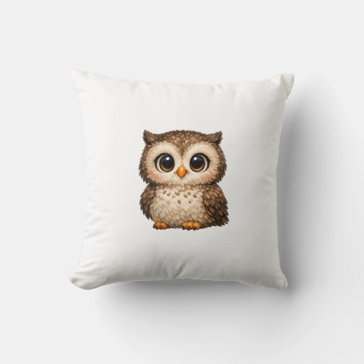 Cute Fluffy Owl Big Eyes Cartoon Digital Art Brown クッション (正面)
