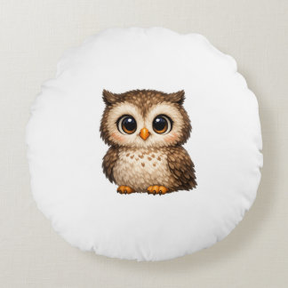 Cute Fluffy Owl Big Eyes Cartoon Digital Art Brown ラウンドクッション