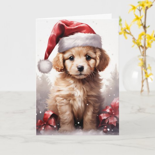 Cute Fluffy Puppy in a Santa Hat Christmas カード (黄色い花)